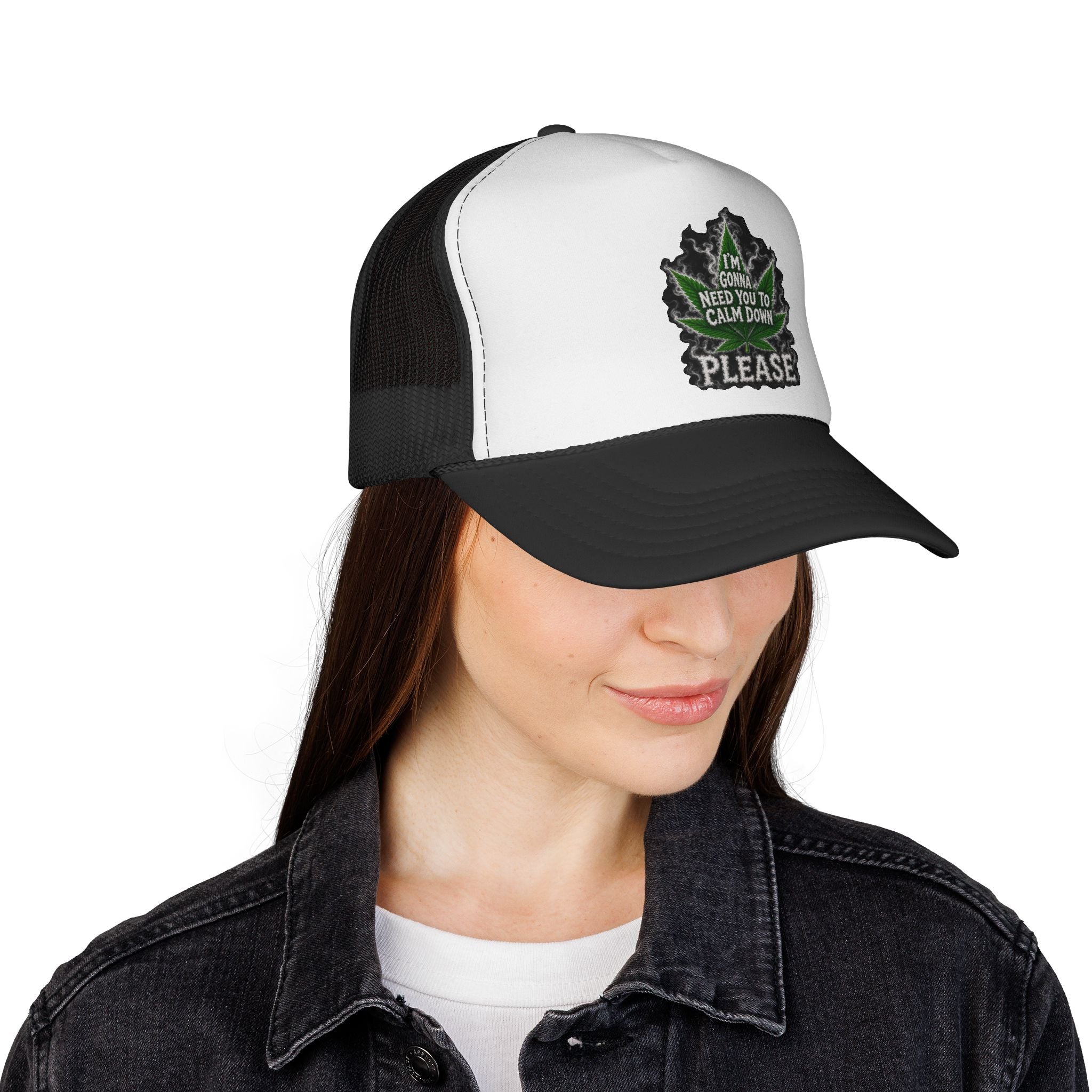 Trucker Cap — 'I'm Gonna Need You To Calm Down Please' Leaf Patch Mesh Hat