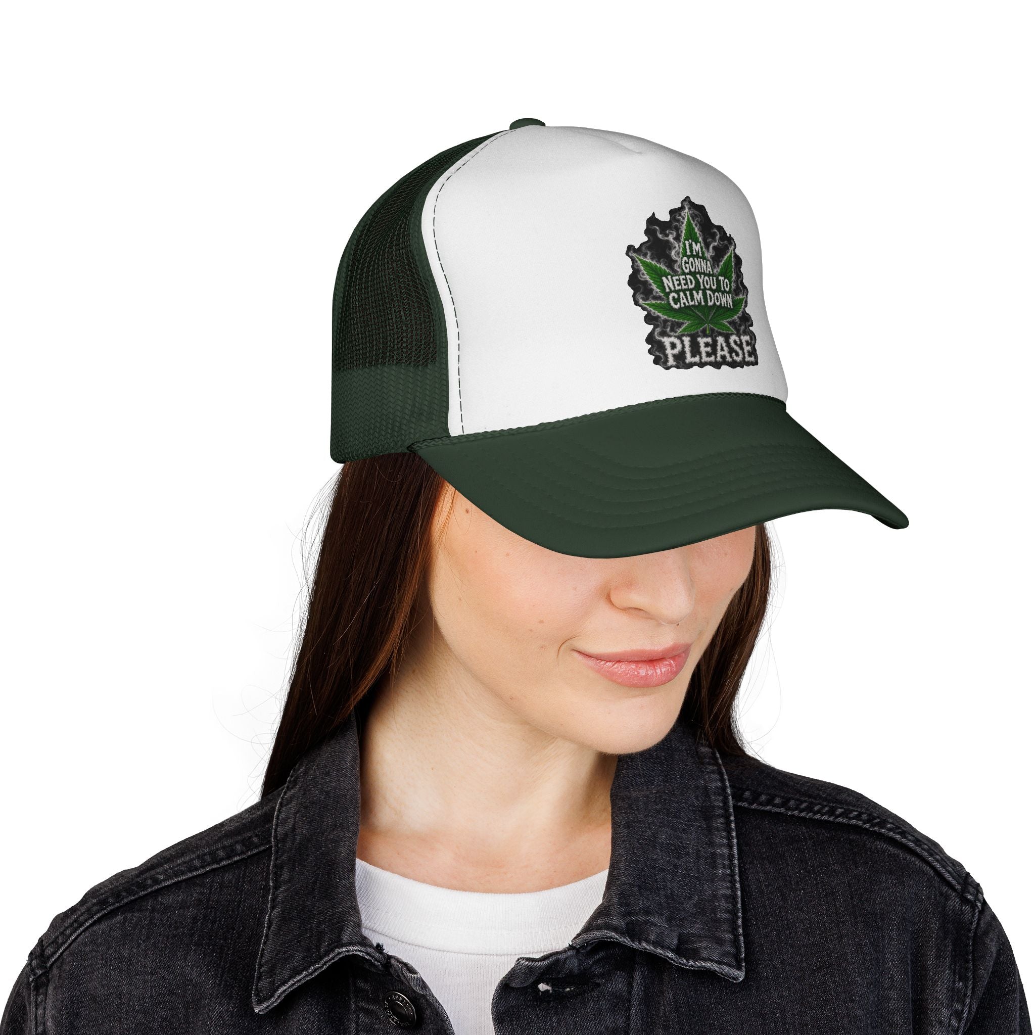 Trucker Cap — 'I'm Gonna Need You To Calm Down Please' Leaf Patch Mesh Hat