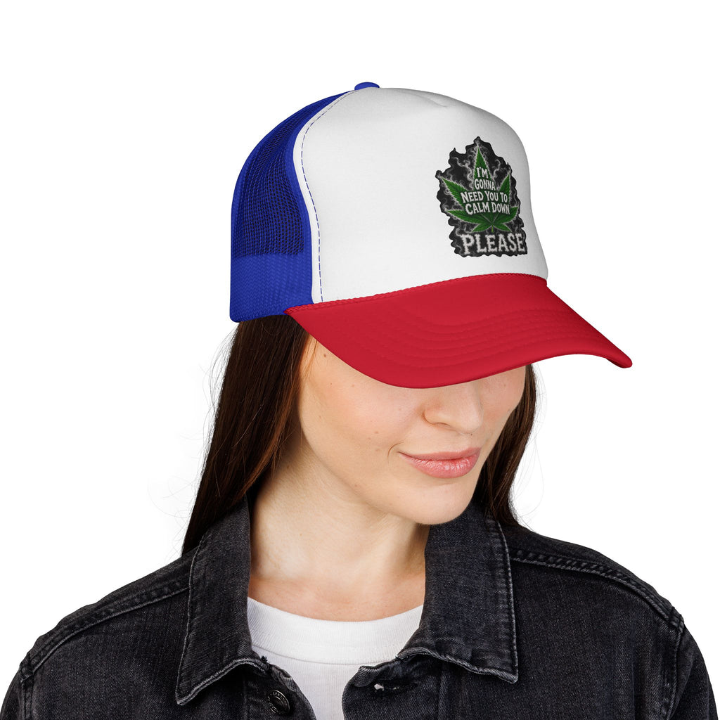 Trucker Cap — 'I'm Gonna Need You To Calm Down Please' Leaf Patch Mesh Hat