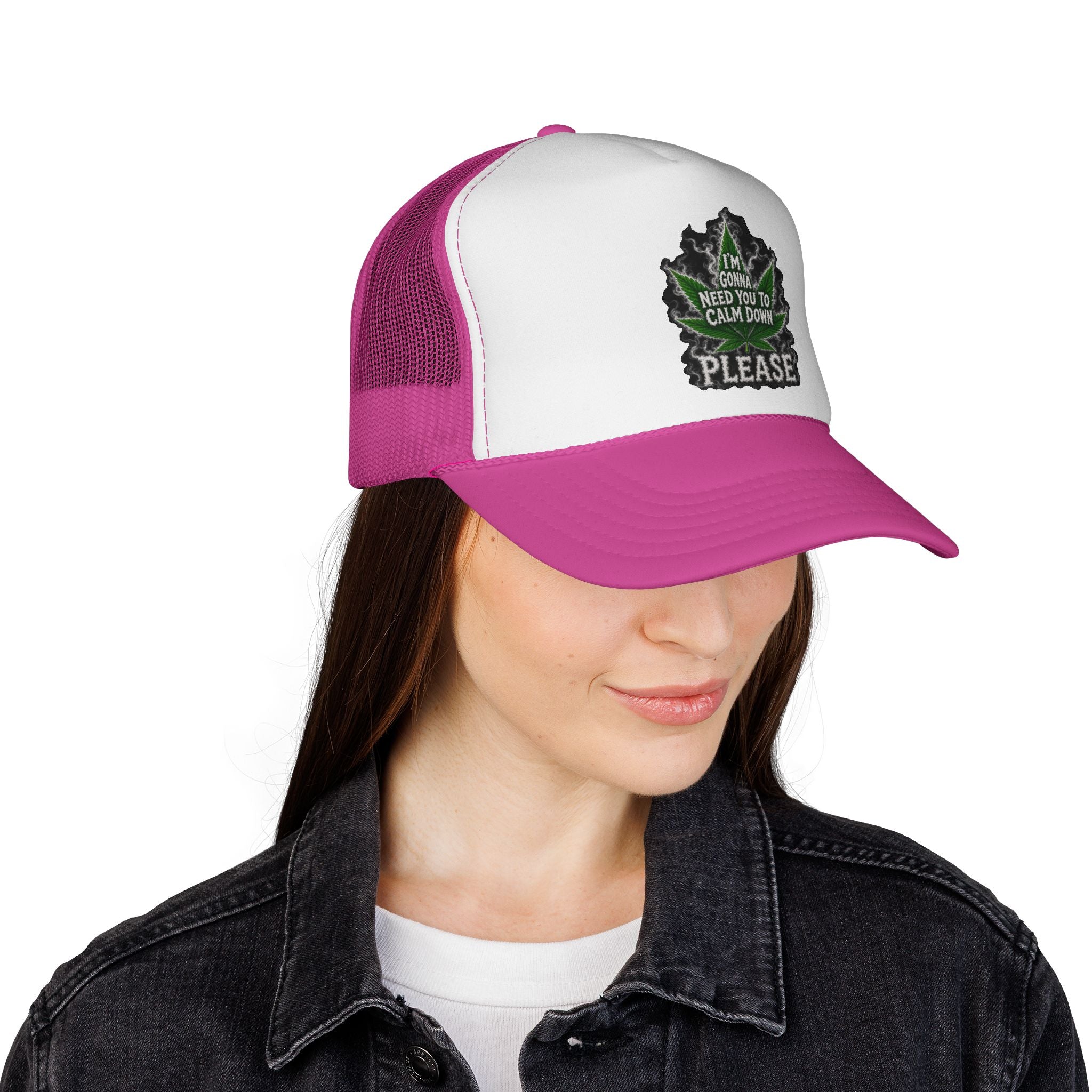 Trucker Cap — 'I'm Gonna Need You To Calm Down Please' Leaf Patch Mesh Hat