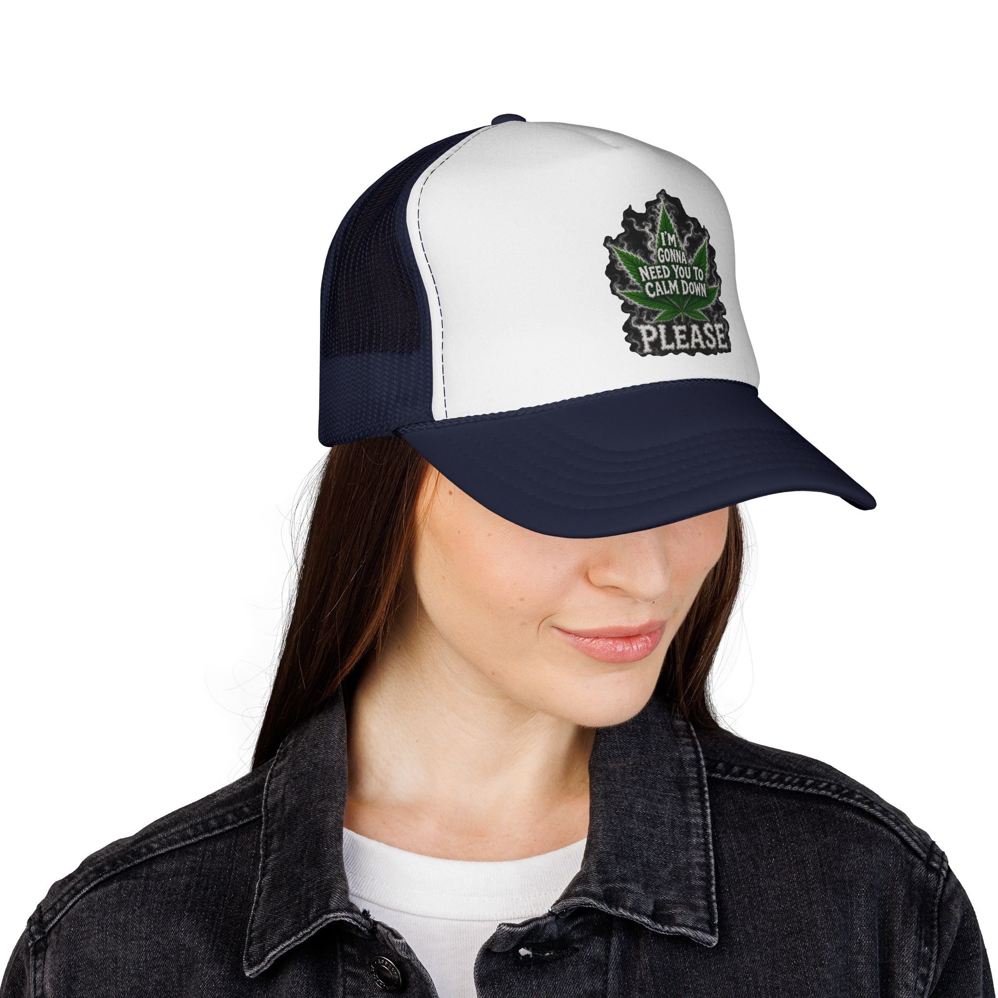 Trucker Cap — 'I'm Gonna Need You To Calm Down Please' Leaf Patch Mesh Hat