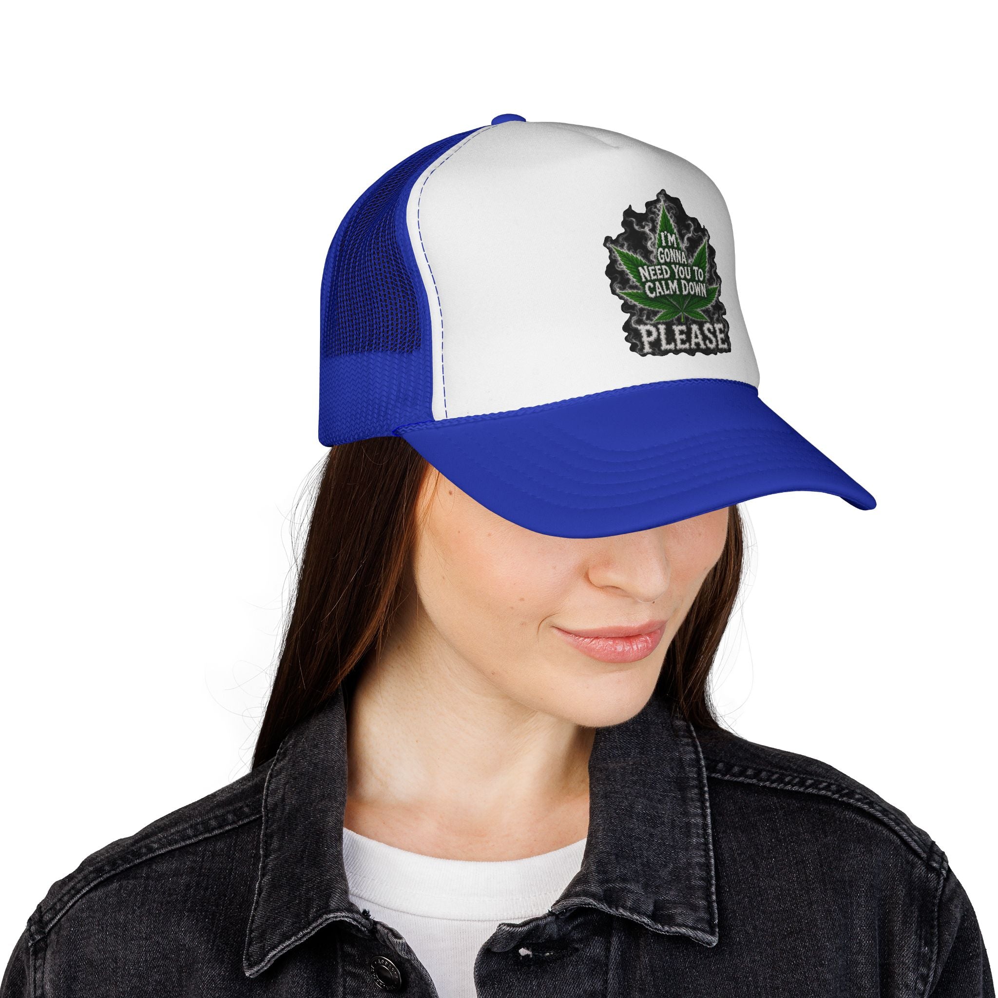 Trucker Cap — 'I'm Gonna Need You To Calm Down Please' Leaf Patch Mesh Hat
